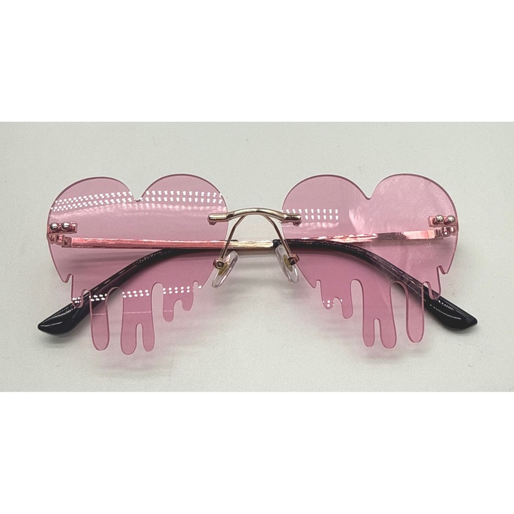 Pink Dripping Heart Sunglasses Rimless Gold Tone Metal Frame Y2K Novelty Shades